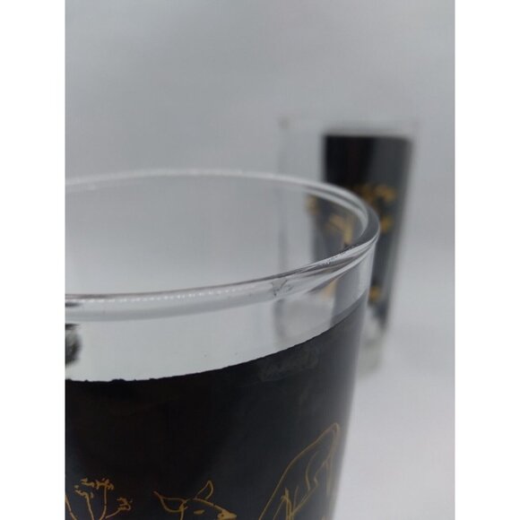 Vtg. Unique set of 2 MCM Deer Trees gold on black Clear high ball / tumblers - Picture 7 of 15